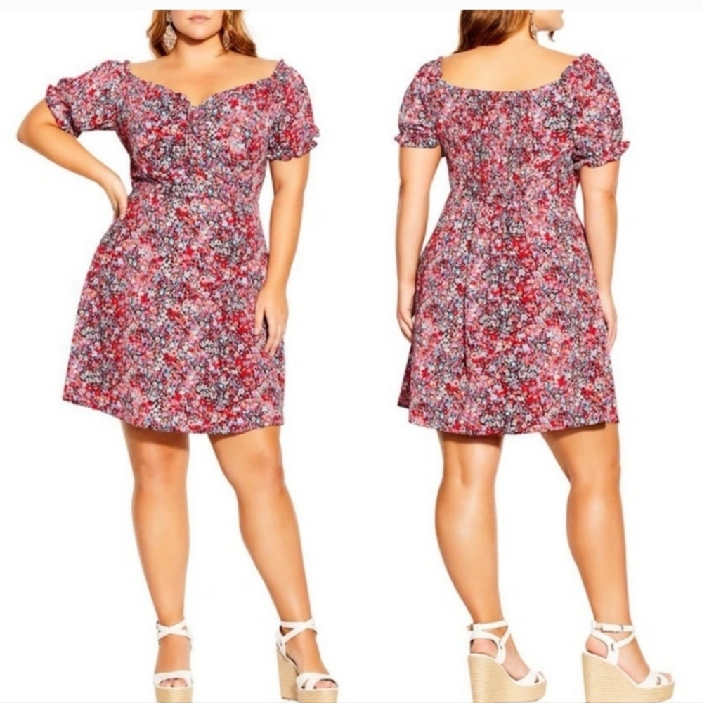 City Chic Watercolor Ditzy Floral Milkmaid Skater Dress Sz 18